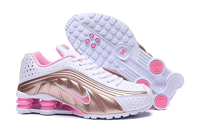 2019 Women Nike Shox R4 White Gold Pink Shoes